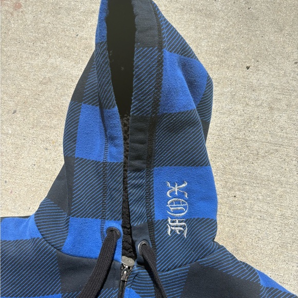 Y2K Vintage Fox Racing Blue & Black Plaid Sherpa-Lined Zip Up Hoodie - Picture 6 of 6